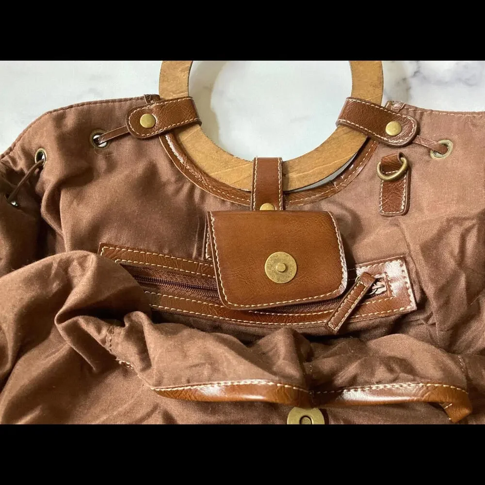 Woven Rattan Leather Striped Vintage Wooden Top Handle Hobo Bag